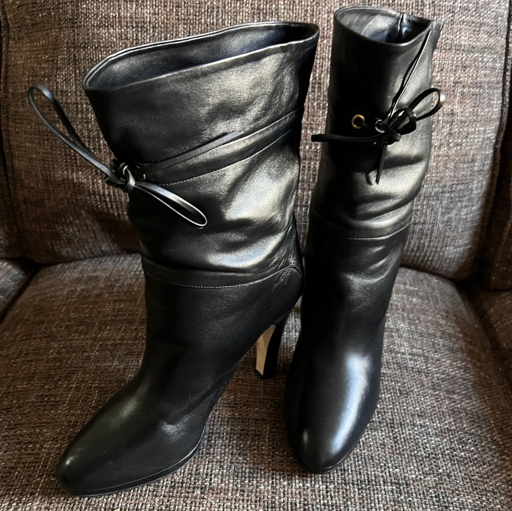 Gucci Leather Charlotte Double G Drawstring Heel Booties, Size 40.5 U.S. 10.5
